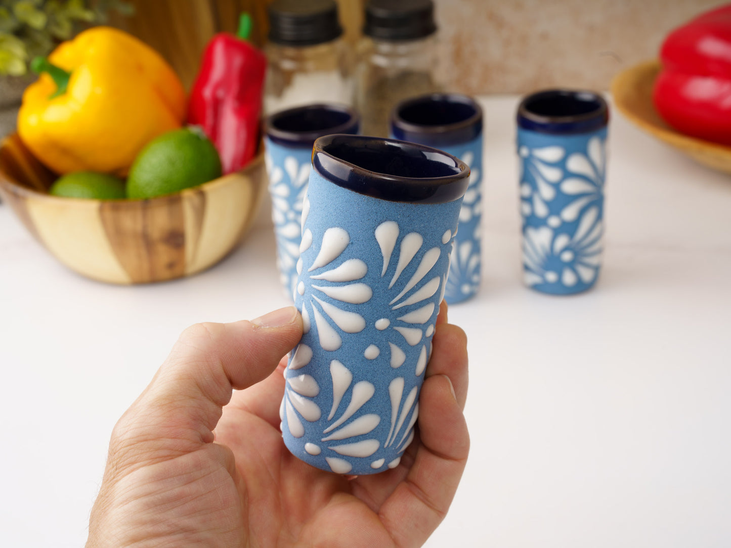 Shot Glass Set (4PC) - Puebla Style - White on Blue