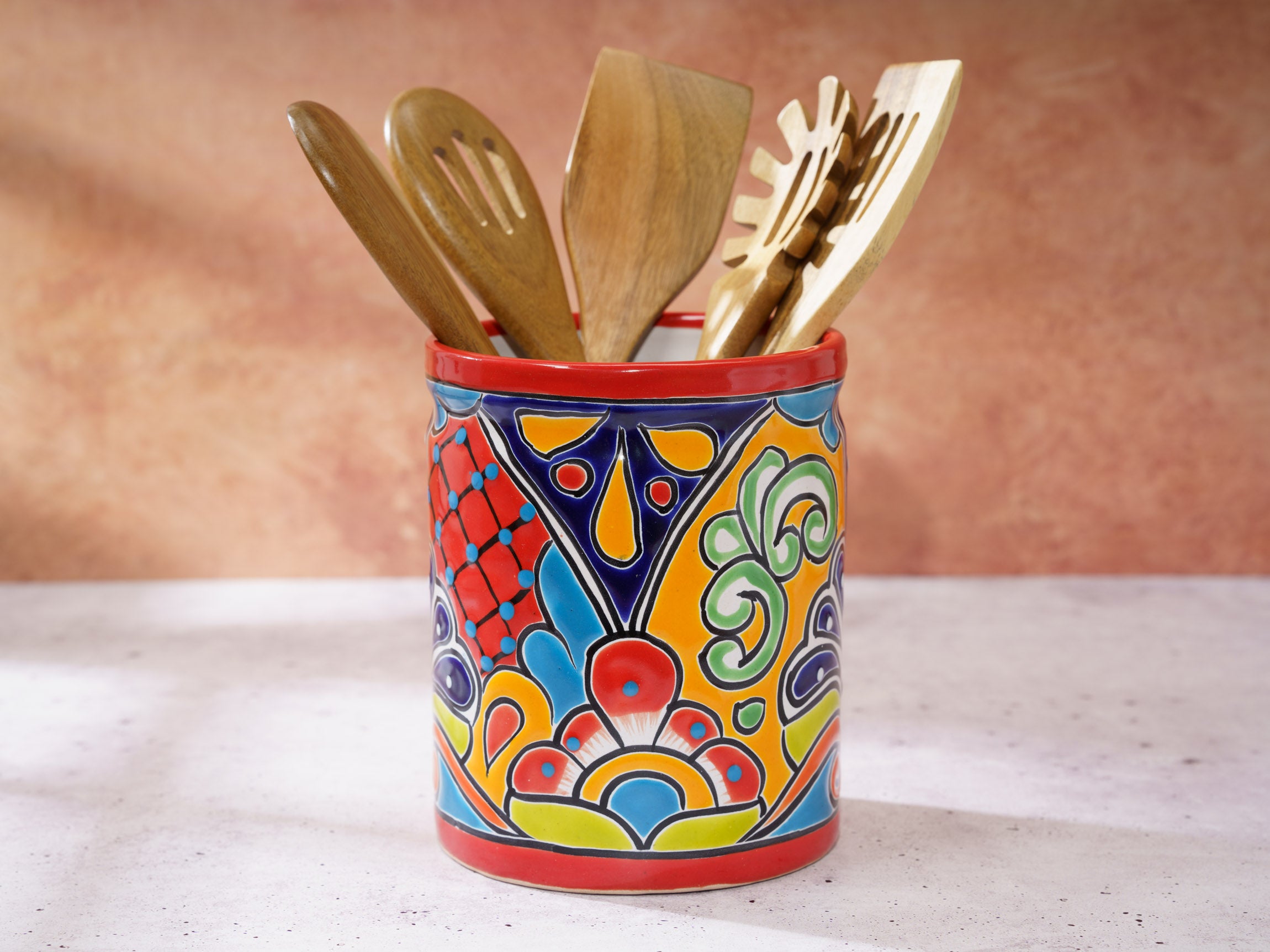 Talavera Utensil Holder Mexican Pottery Folk Art Multicolor Hand Painted Handmade top Kitchen Home Decor 9.5